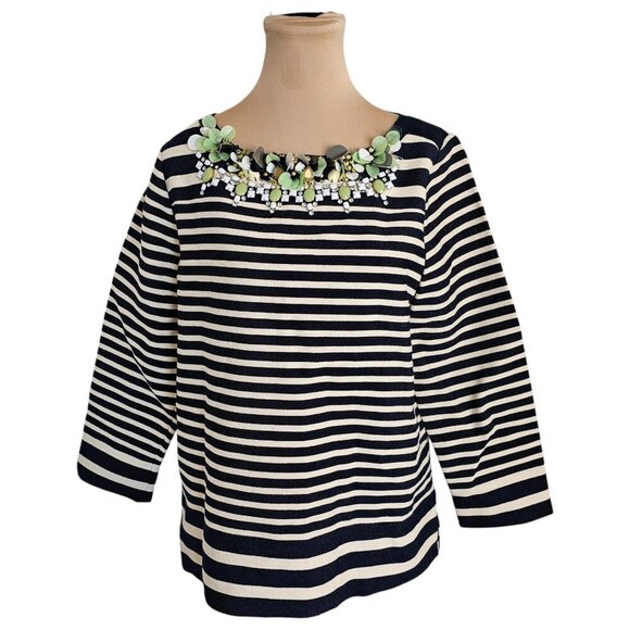 J. Crew NWT Striped Blue and Beige Floral Neckline Sz 6 - Picture 1 of 12